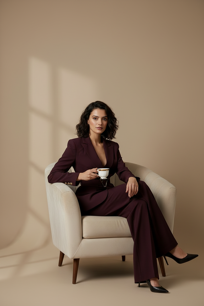 Ensemble Tailleur Prune – Blazer Ceinturé & Pantalon Large