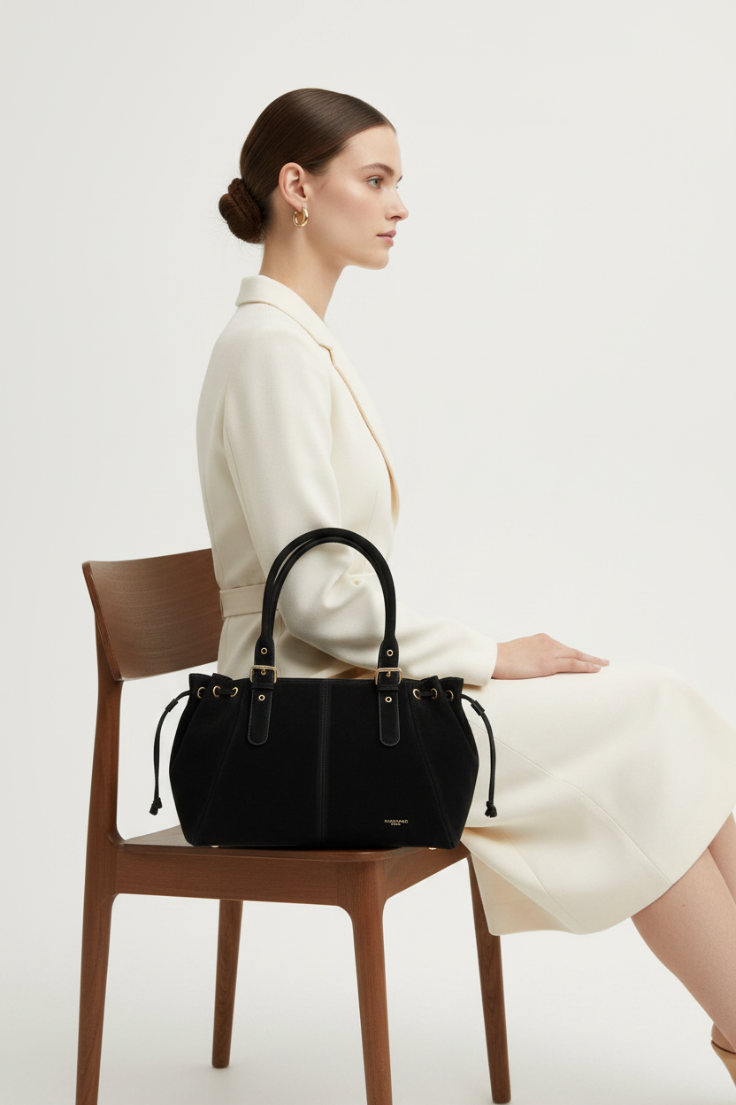 Sac Parisienne Daim - Studio Noir chaise bois profil